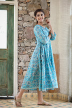 Kaajh Women's Sky Blue Floral Printed Cotton Ethnic Dress - Distacart