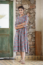 Kaajh Women's Blue Red Floral Printed Cotton Ethnic Dress - Distacart
