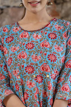 Kaajh Women's Blue Red Floral Printed Cotton Ethnic Dress - Distacart