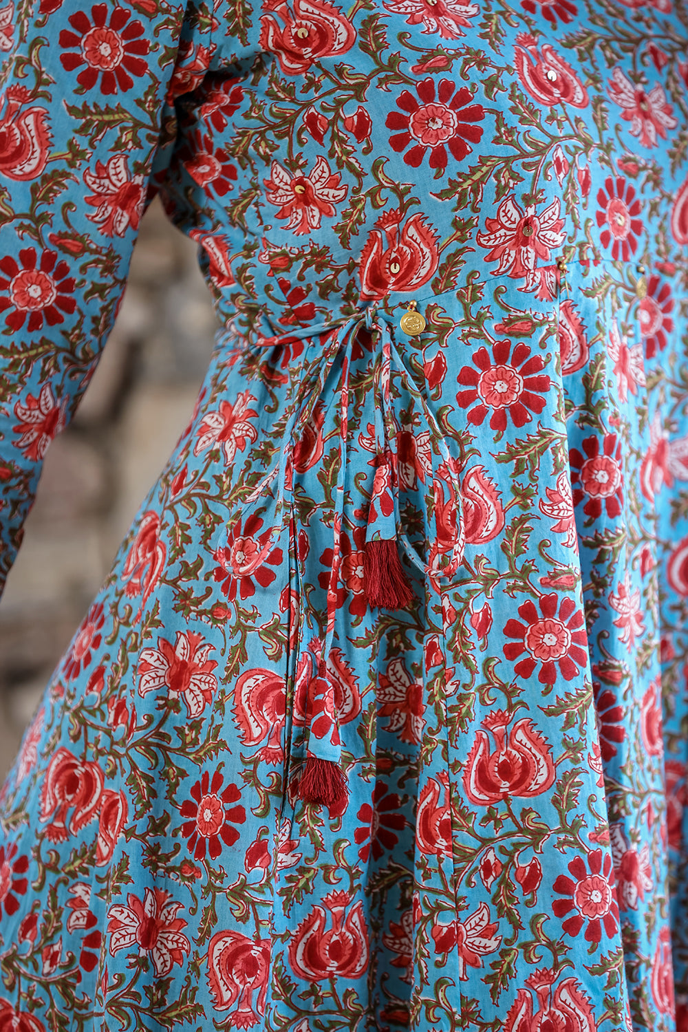 Kaajh Women's Blue Red Floral Printed Cotton Ethnic Dress - Distacart