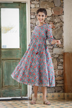 Kaajh Women's Blue Red Floral Printed Cotton Ethnic Dress - Distacart