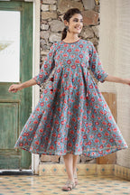 Kaajh Women's Blue Red Floral Printed Cotton Ethnic Dress - Distacart