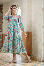 Kaajh Women's Light Green Floral Printed Cotton Ethnic Dress - Distacart