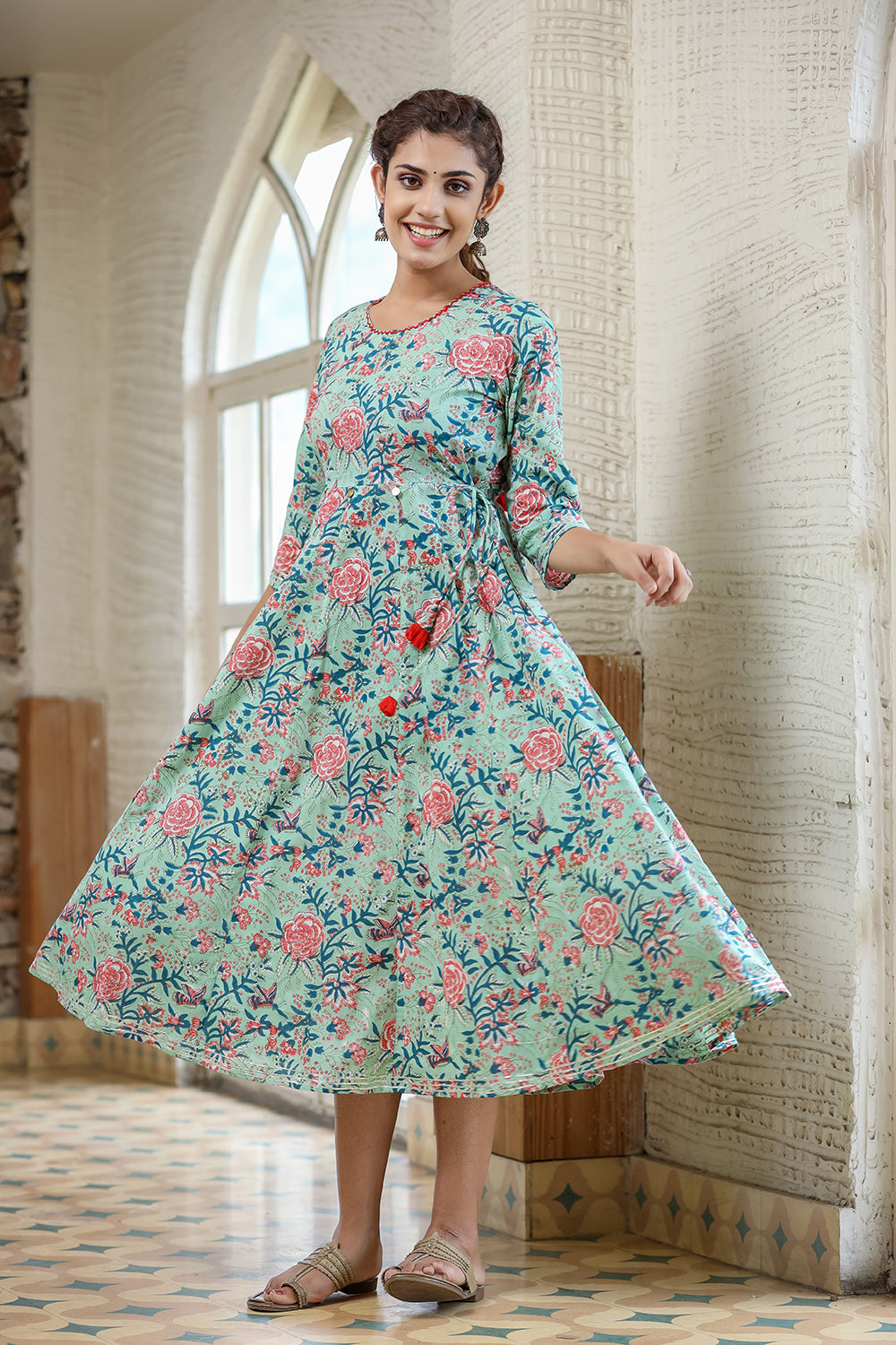 Kaajh Women's Light Green Floral Printed Cotton Ethnic Dress - Distacart