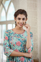 Kaajh Women's Light Green Floral Printed Cotton Ethnic Dress - Distacart