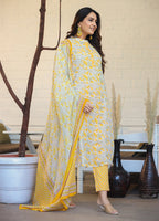 Kaajh Woman's Yellow Ethnic Print Cotton Kurta Pant Set With Dupatta - Distacart