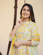 Kaajh Woman's Yellow Ethnic Print Cotton Kurta Pant Set With Dupatta - Distacart