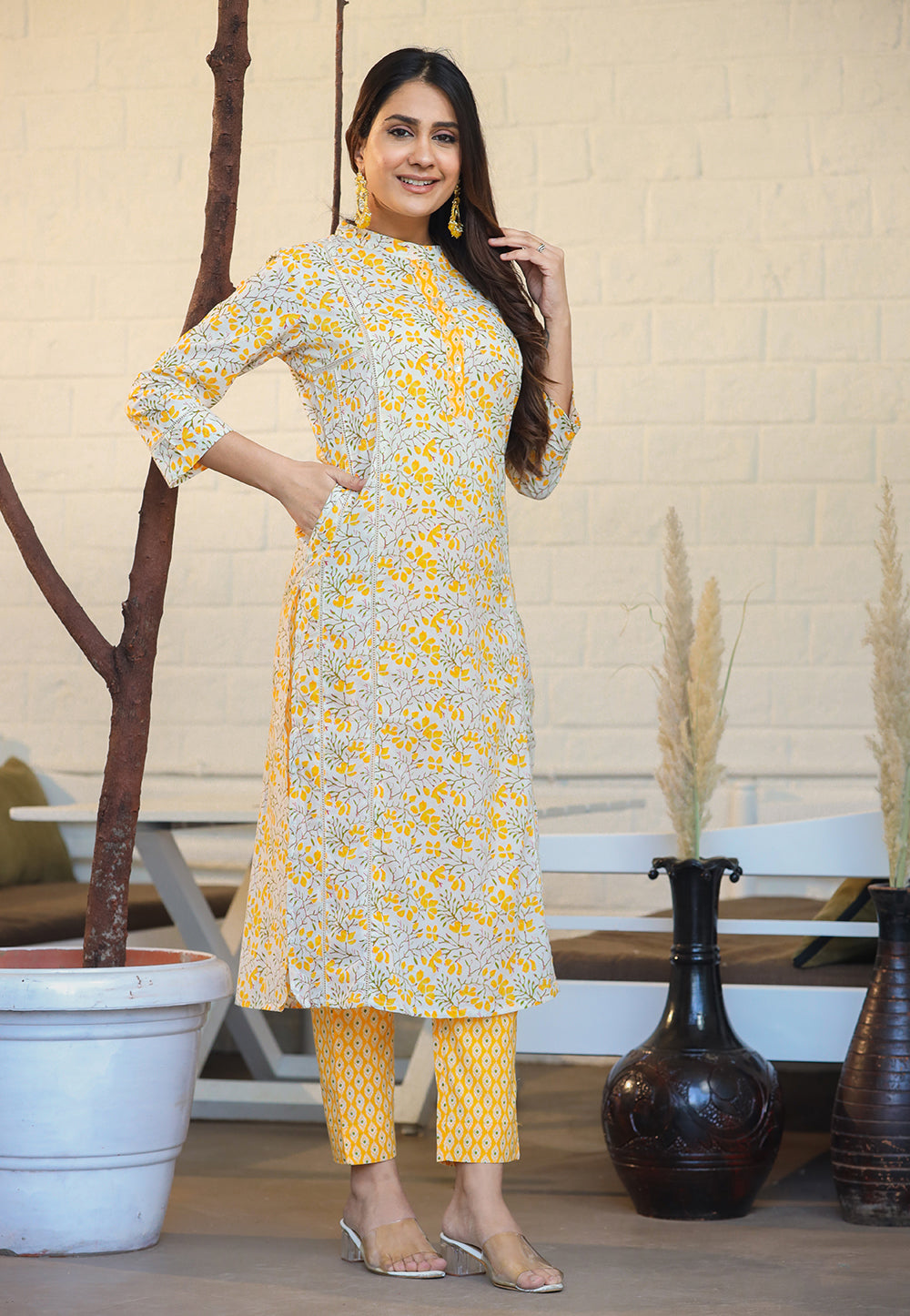 Kaajh Woman's Yellow Ethnic Print Cotton Kurta Pant Set With Dupatta - Distacart