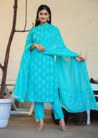 Kaajh Woman's Turqouise Green Block Print Cotton Kurta Pant Set With Dupatta - Distacart