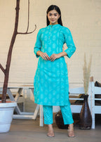Kaajh Woman's Turqouise Green Block Print Cotton Kurta Pant Set With Dupatta - Distacart