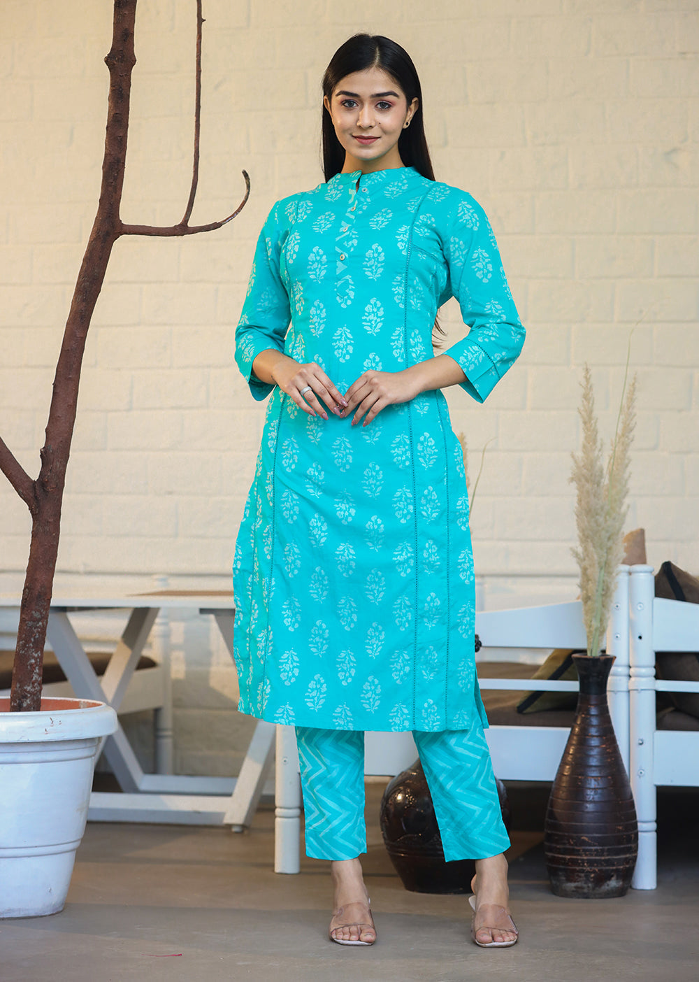 Kaajh Woman's Turqouise Green Block Print Cotton Kurta Pant Set With Dupatta - Distacart