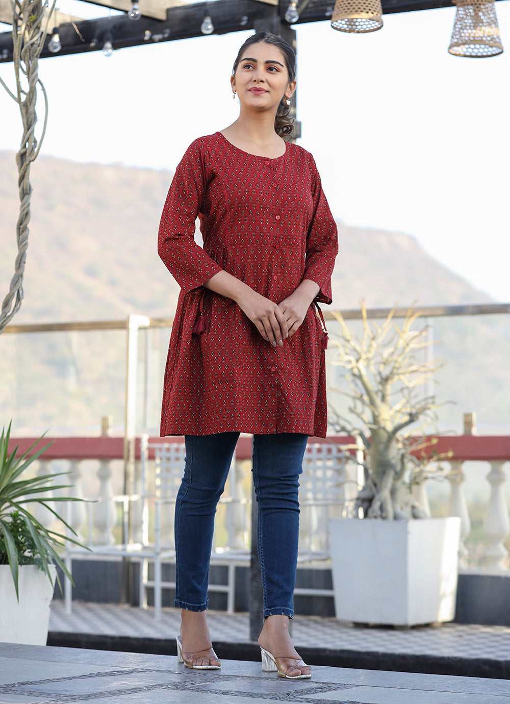 Kaajh Maroon Printed Shirt Style Cotton Tunic - Distacart