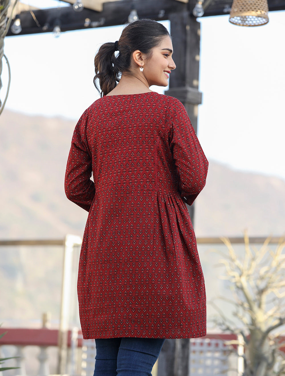 Kaajh Maroon Printed Shirt Style Cotton Tunic - Distacart