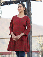 Kaajh Maroon Printed Shirt Style Cotton Tunic - Distacart