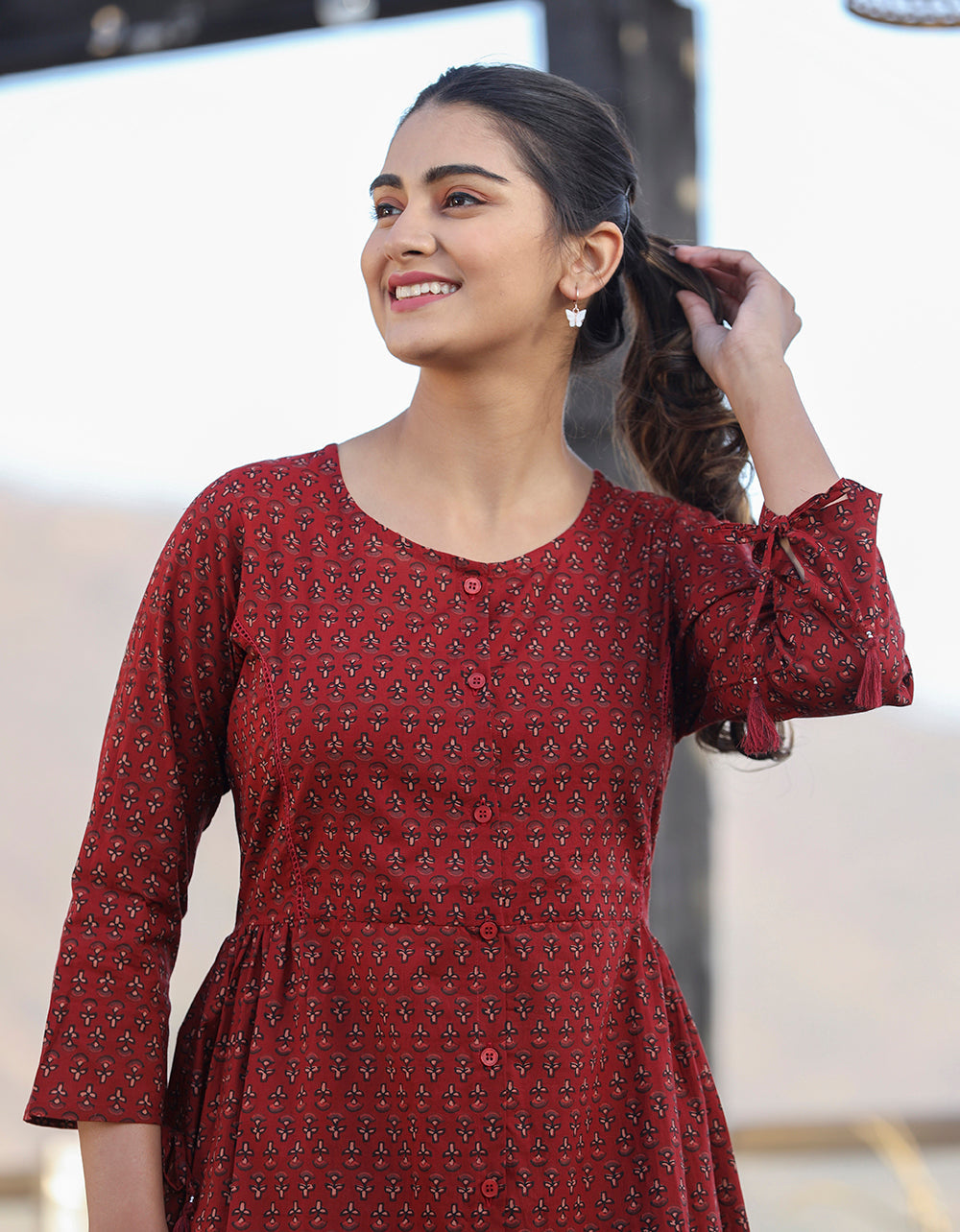 Kaajh Maroon Printed Shirt Style Cotton Tunic - Distacart