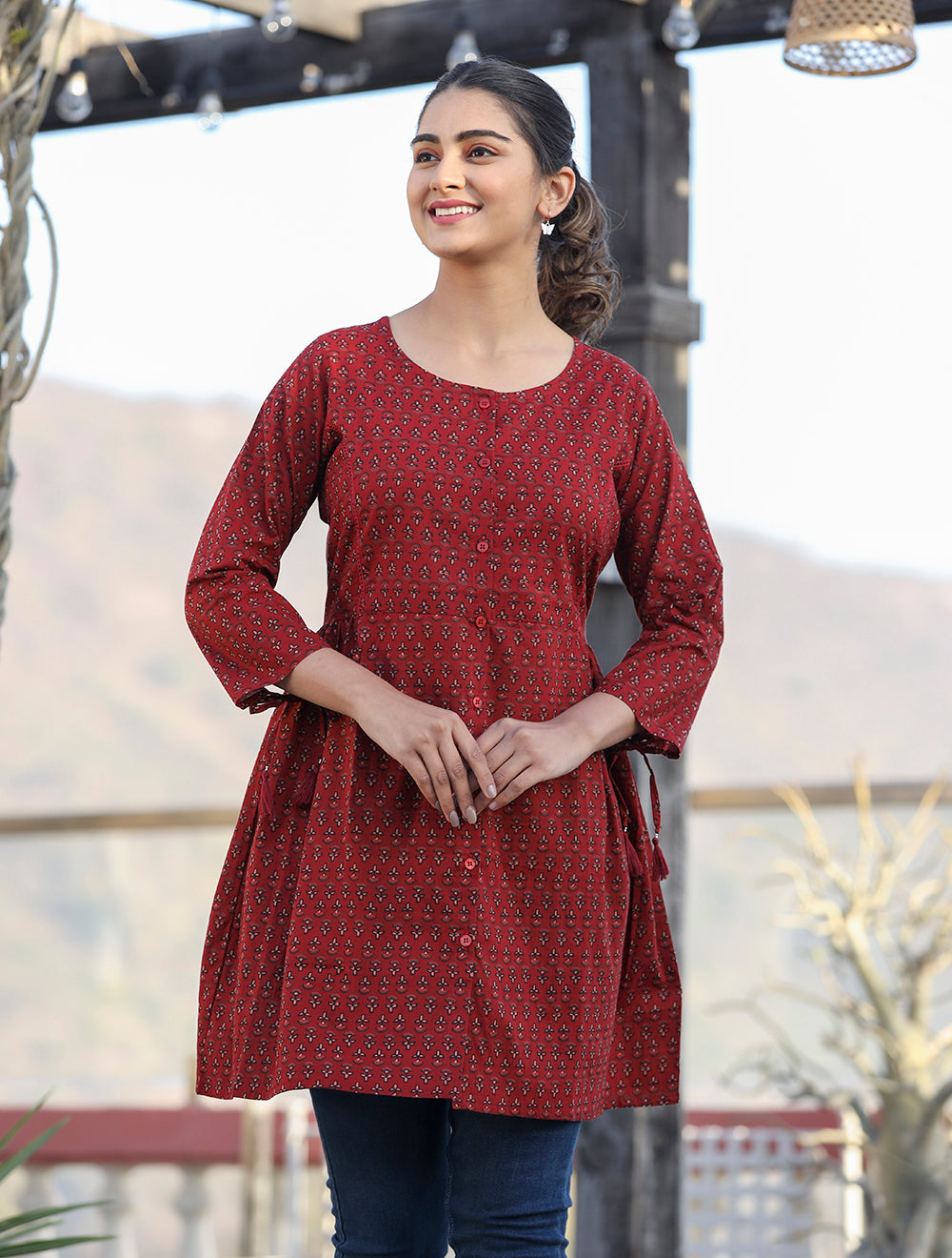 Kaajh Maroon Printed Shirt Style Cotton Tunic - Distacart