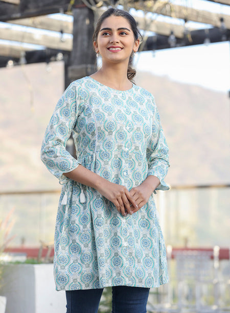 Kaajh Off White Green Printed Shirt Style Cotton Tunic
