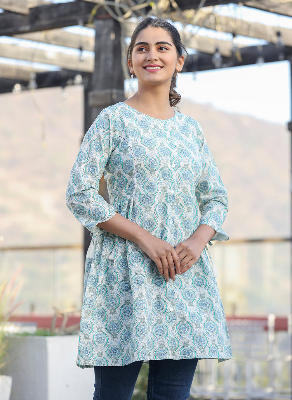 Kaajh Off White Green Printed Shirt Style Cotton Tunic - Distacart
