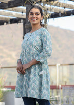 Kaajh Off White Green Printed Shirt Style Cotton Tunic - Distacart