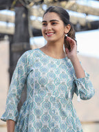 Kaajh Off White Green Printed Shirt Style Cotton Tunic - Distacart