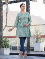 Kaajh Green Motif Printed Shirt Style Cotton Tunic - Distacart