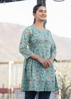 Kaajh Green Motif Printed Shirt Style Cotton Tunic - Distacart