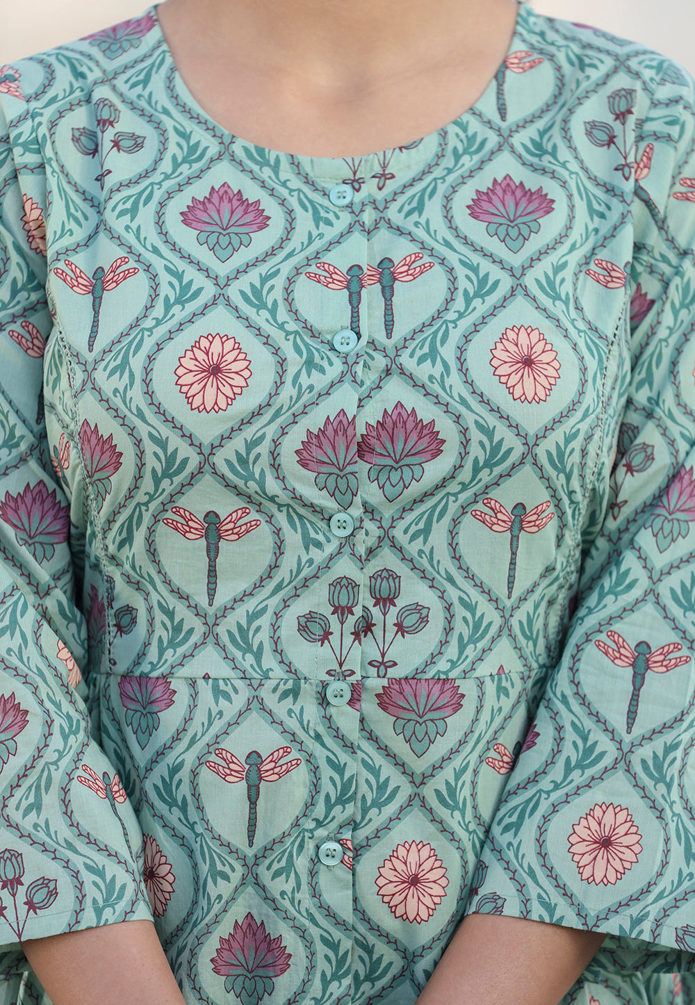 Kaajh Green Motif Printed Shirt Style Cotton Tunic - Distacart