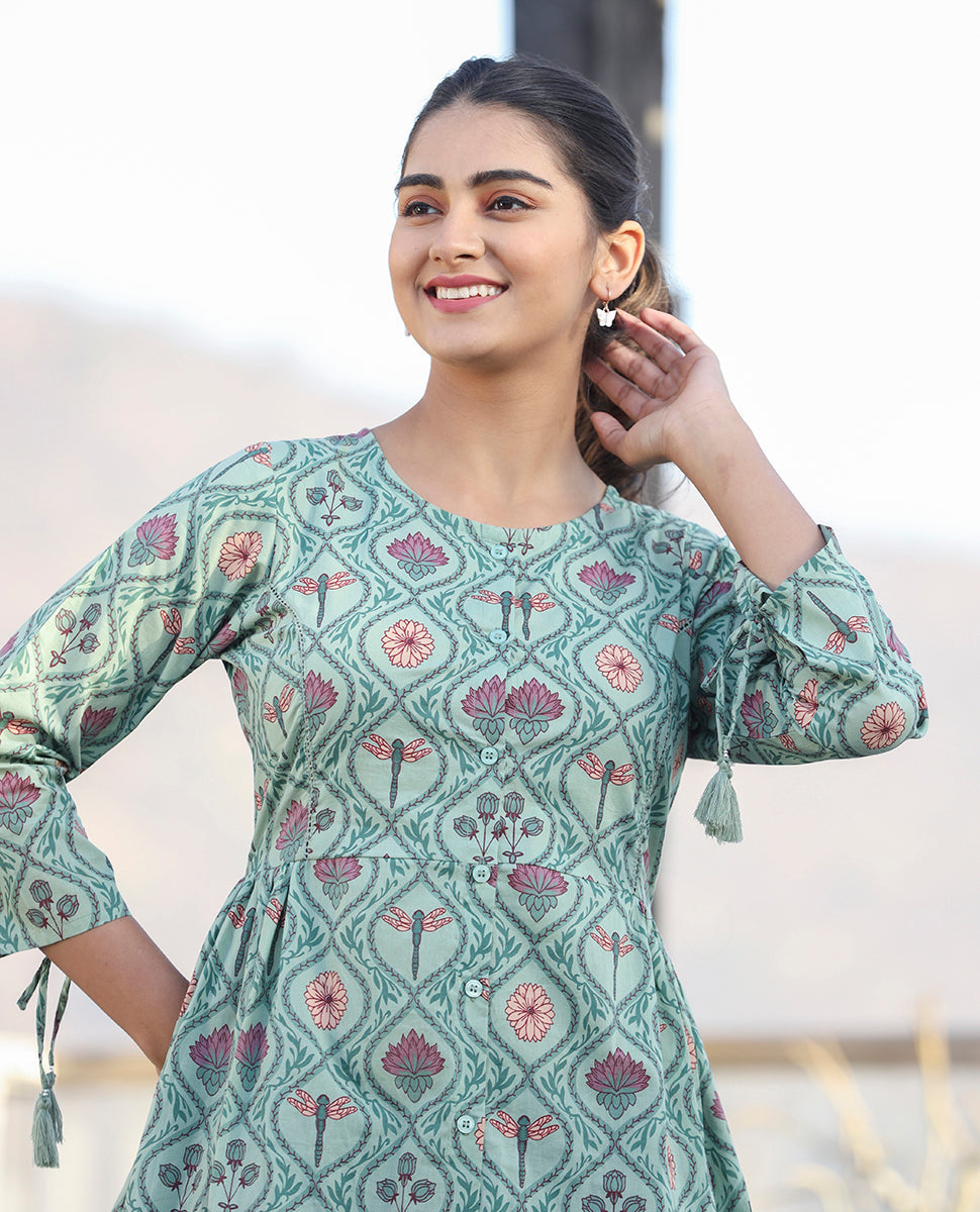 Kaajh Green Motif Printed Shirt Style Cotton Tunic - Distacart
