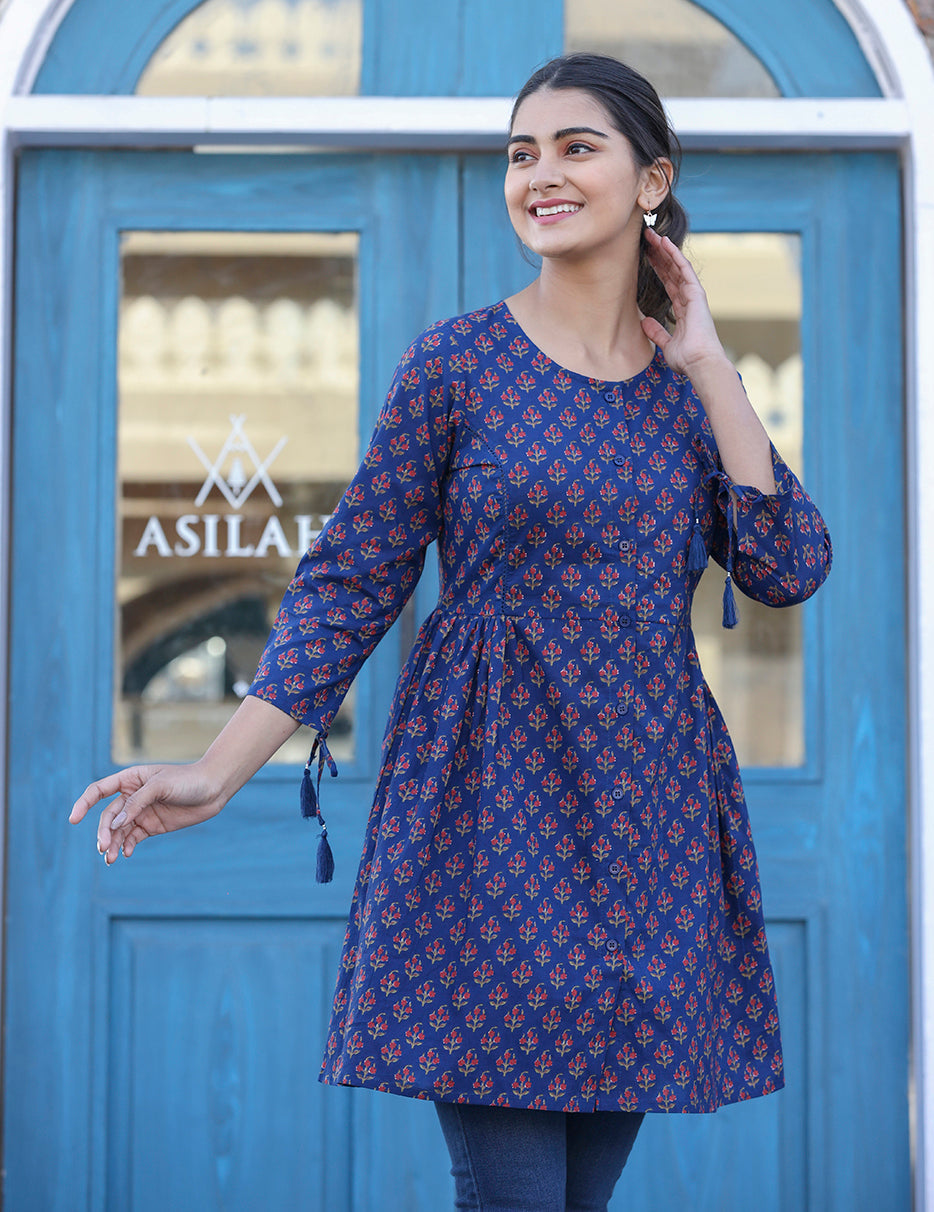 Kaajh Blue Printed Shirt Style Cotton Tunic - Distacart