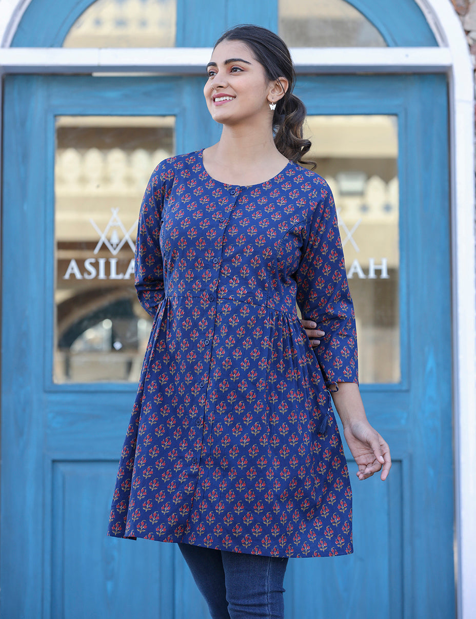 Kaajh Blue Printed Shirt Style Cotton Tunic - Distacart