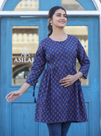 Kaajh Blue Printed Shirt Style Cotton Tunic - Distacart