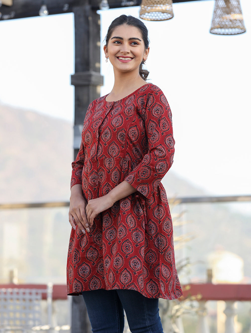 Kaajh Maroon Ajrak Print Cotton Shirt Style Tunic - Distacart