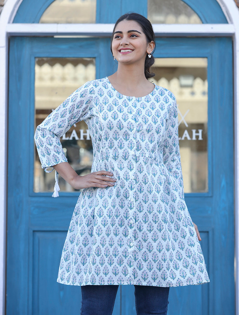 Kaajh White Printed Cotton Shirt Style Tunic Top - Distacart