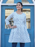 Kaajh White Printed Cotton Shirt Style Tunic Top - Distacart
