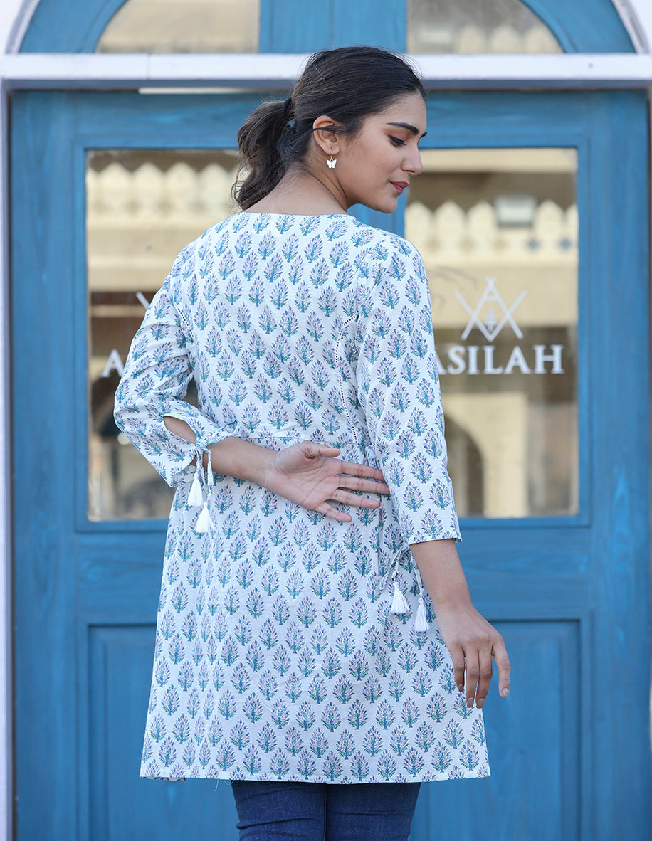 Kaajh White Printed Cotton Shirt Style Tunic Top - Distacart