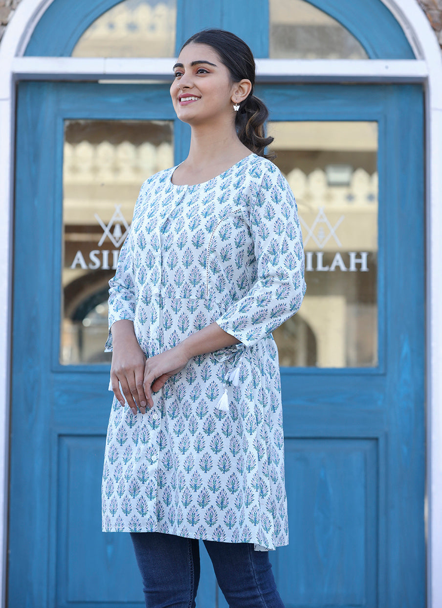 Kaajh White Printed Cotton Shirt Style Tunic Top - Distacart