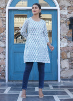 Kaajh White Printed Cotton Shirt Style Tunic Top - Distacart