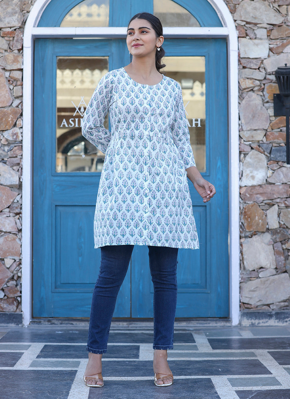 Kaajh White Printed Cotton Shirt Style Tunic Top - Distacart