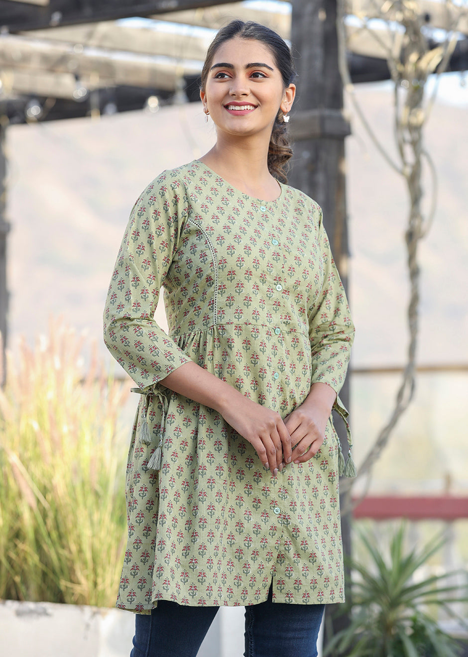 Kaajh Green Printed Cotton Shirt Style Tunic - Distacart