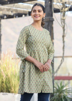 Kaajh Green Printed Cotton Shirt Style Tunic - Distacart