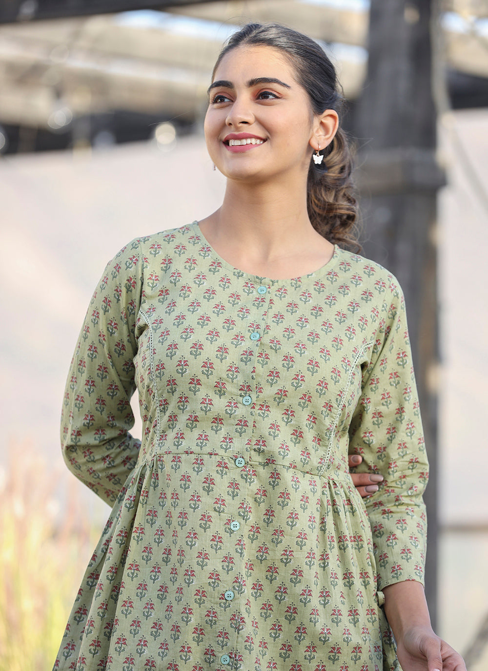 Kaajh Green Printed Cotton Shirt Style Tunic - Distacart
