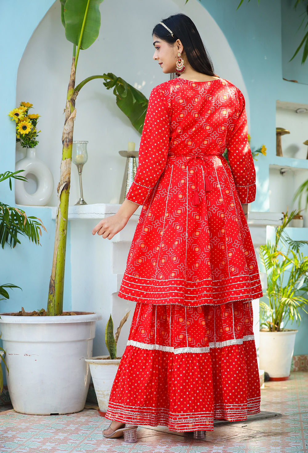 Kaajh Woman's Red Bandhej Cotton Paplum Kurta Sharara With Dupatta - Distacart