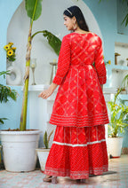 Kaajh Woman's Red Bandhej Cotton Paplum Kurta Sharara With Dupatta - Distacart