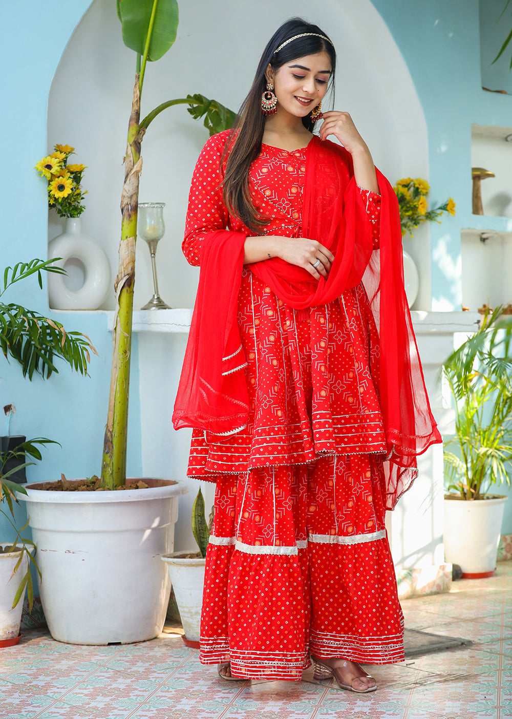 Kaajh Woman's Red Bandhej Cotton Paplum Kurta Sharara With Dupatta - Distacart