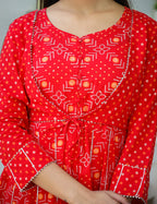 Kaajh Woman's Red Bandhej Cotton Paplum Kurta Sharara With Dupatta - Distacart