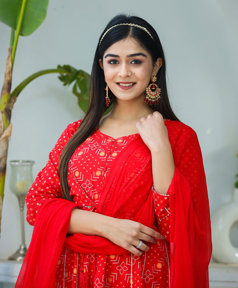 Kaajh Woman's Red Bandhej Cotton Paplum Kurta Sharara With Dupatta - Distacart