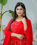 Kaajh Woman's Red Bandhej Cotton Paplum Kurta Sharara With Dupatta - Distacart