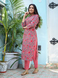 Kaajh Woman's Pink Floral Print Cotton Kurta Pant Set - Distacart