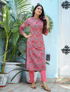 Kaajh Woman's Pink Floral Print Cotton Kurta Pant Set - Distacart