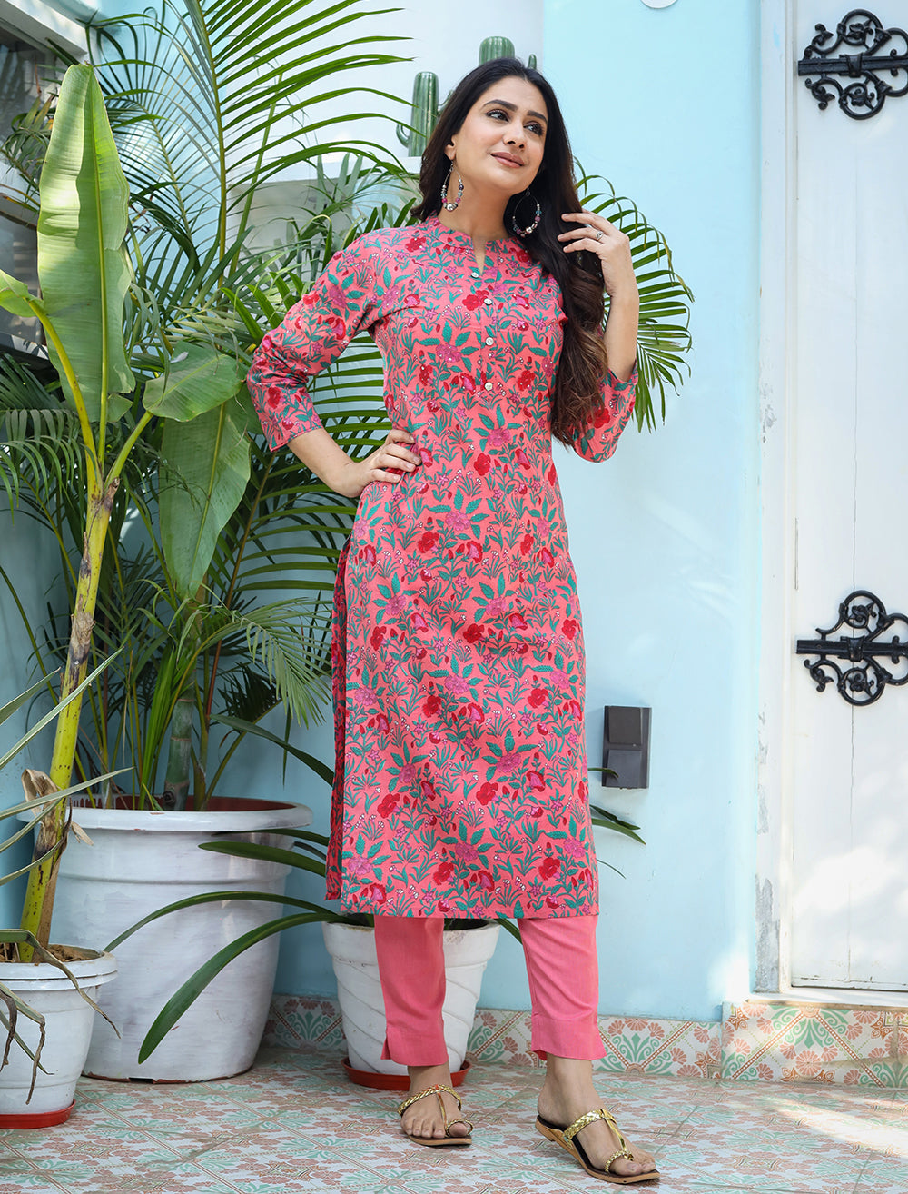 Kaajh Woman's Pink Floral Print Cotton Kurta Pant Set - Distacart